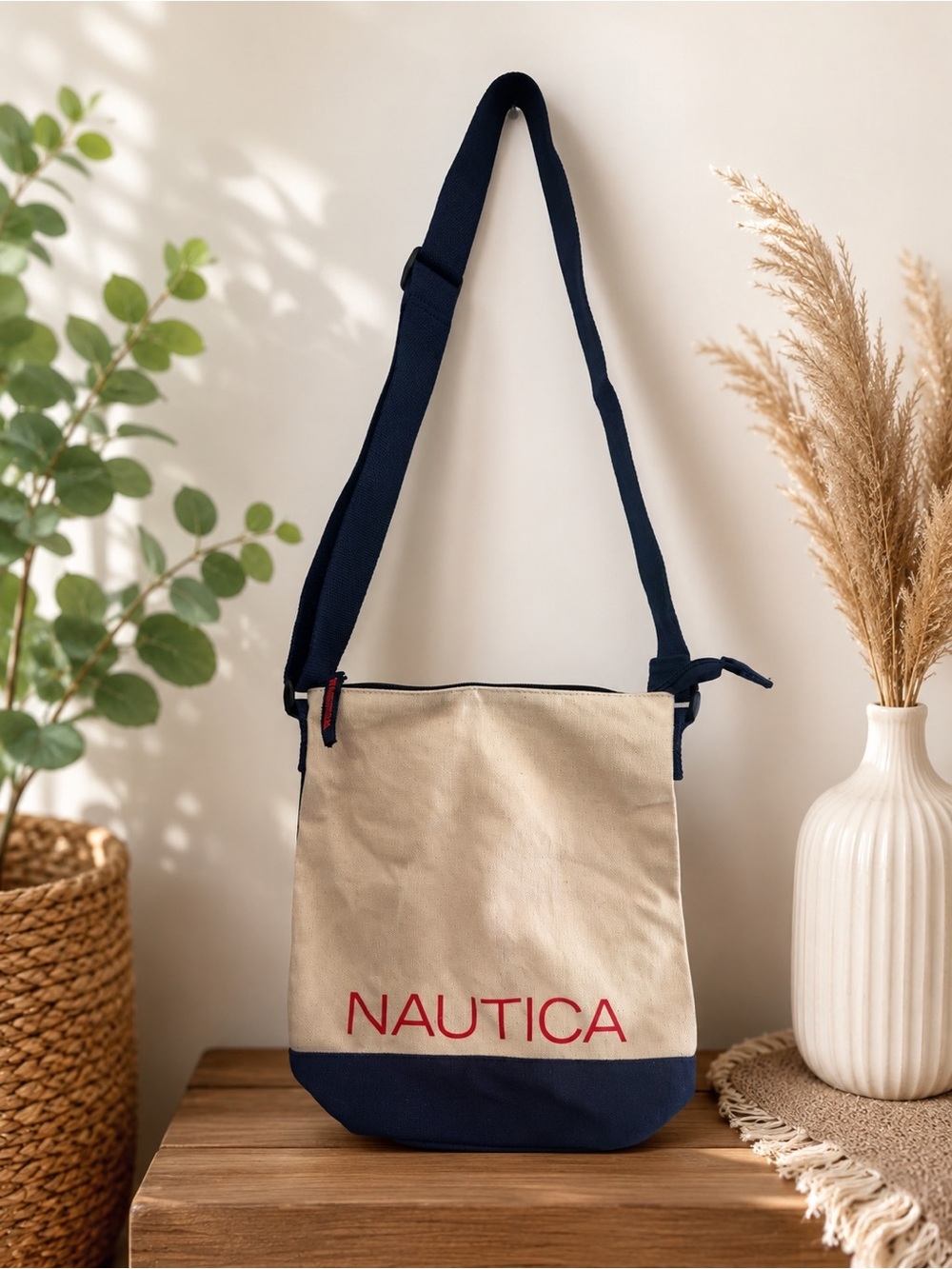 Nautica Bucket Shoulder Bag Natural Indigo Canvas NWT